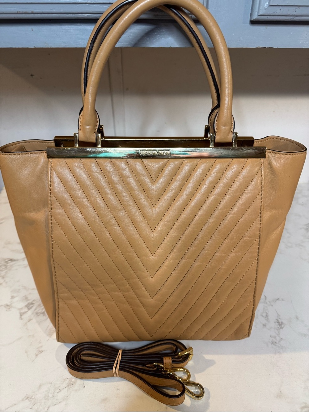 Michael Kors Collection Quilted Tan Leather Top-Handle Shoulder Bag